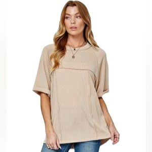 Blumin Apparel Ribbed Oversized Knit Top Women's L Taupe Casual Lagenlook Oversi
